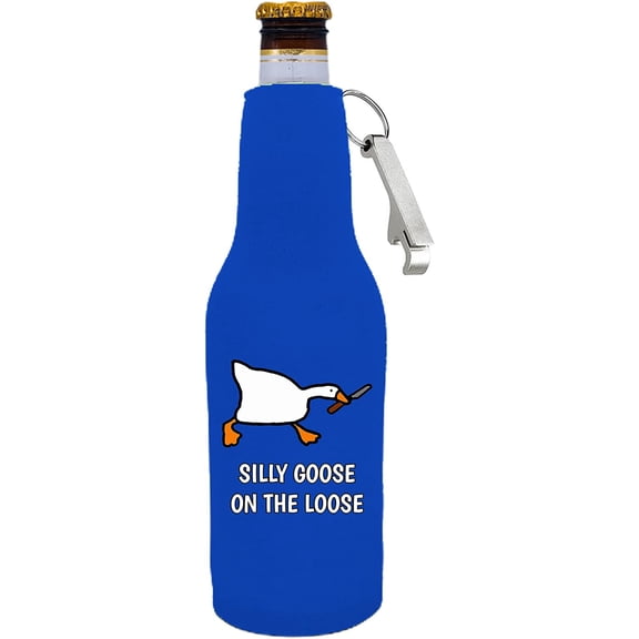 Silly Goose On The Loose Funny Zipper Beer Bottle Coolie With Opener Attached (Royal Blue)