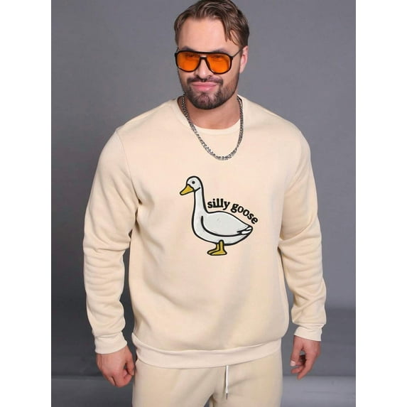 Silly Goose Print Crew Neck Fleece Sweatshirt Warm Pullover For Men Solid Color Sweatshirts For Winter Fall Long Sleeve Tops