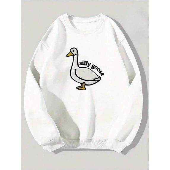Silly Goose Print Crew Neck Fleece Sweatshirt Warm Pullover For Men Solid Color Sweatshirts For Winter Fall Long Sleeve Tops