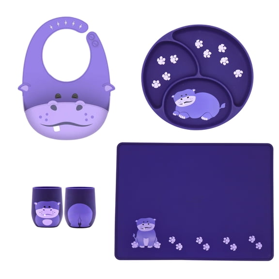 Silly Goose Silicone Baby Feeding Set with Cute Bib, Suction Divided Plate, Open Top Cup, and Travel Placemat, Cute Hippo Design, Baby Led Weaning Supplies for Babies and Toddlers, Dishwasher Friendly