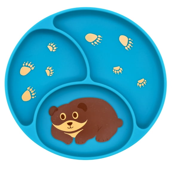 Silly Goose Suction Plate for Babies and Toddlers, Cute Brown Bear Design, 100% Silicone, Plate Stay Put with Suction Feature, Divided Design, Microwave & Dishwasher Friendly