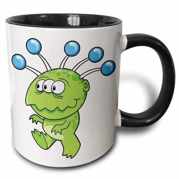 3drose, Silly Green Friendly Alien Cartoon Monster, 15oz Two-tone Black Mug