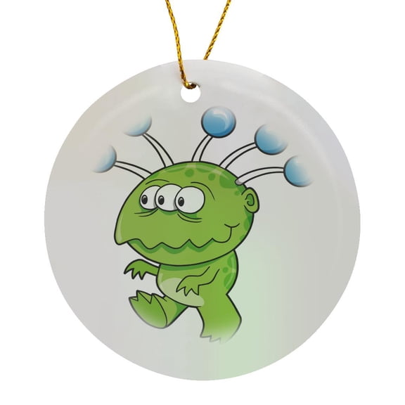 3drose, Silly Green Friendly Alien Cartoon Monster, Circle Porcelain Ornament