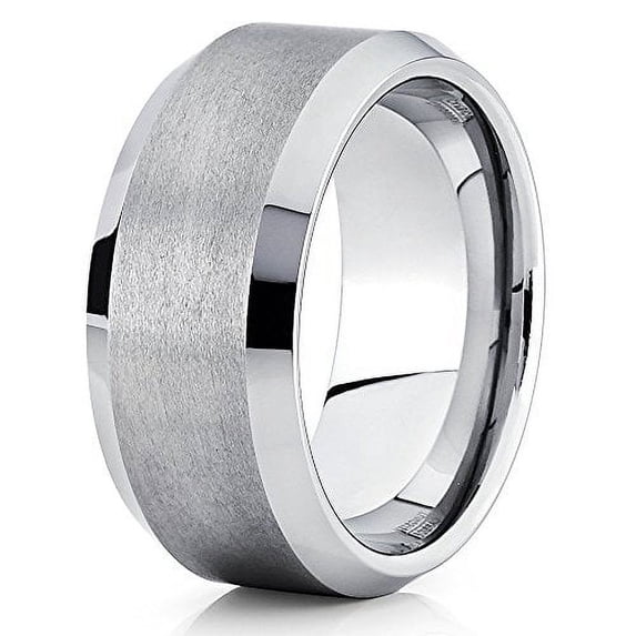 Silly Kings 10mm Silver Tungsten Carbide Wedding Band Handmade Brushed Beveled Edge Ring Comfort Fit Mens 10