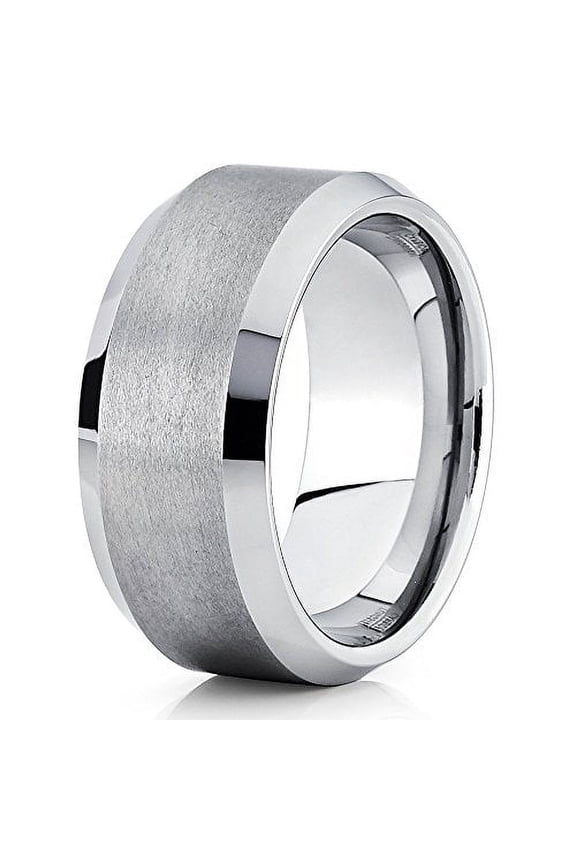 10mm Silver Tungsten Carbide Wedding Band Handmade Brushed Beveled Edge Ring Comfort Fit Mens 7