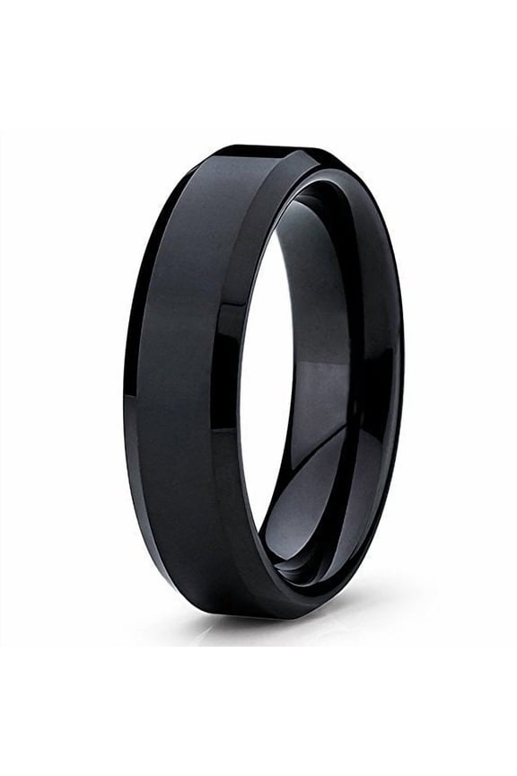 Tungsten Wedding Band 6mm Black Tungsten Ring Tungsten Carbide Ring Beveled Shiny Polish Men and Women Comfort Fit