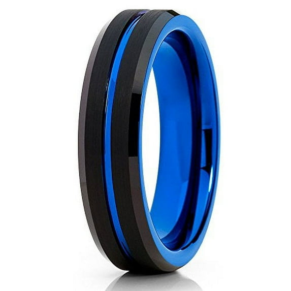 Silly Kings 6mm Black Tungsten Carbide Wedding Ring Blue Groove Inlay Beveled Edges Mens Band 9