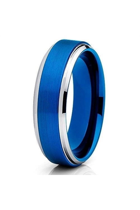 Jewelry 6mm Blue Tungsten Carbide Ring Brushed Finish Unique Edges Carbide Anniversary Edition Comfort Band