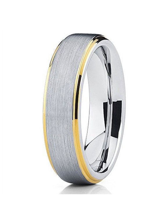 6mm Brushed Silver Tungsten Carbide Wedding Band Stepped Yellow Gold Edge Comfort Fit Ring 8.5
