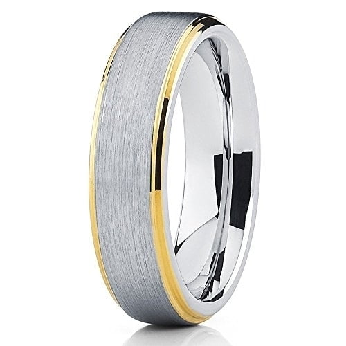 Silly Kings 6mm Brushed Silver Tungsten Carbide Wedding Band Stepped Yellow Gold Edge Comfort Fit Ring (6)