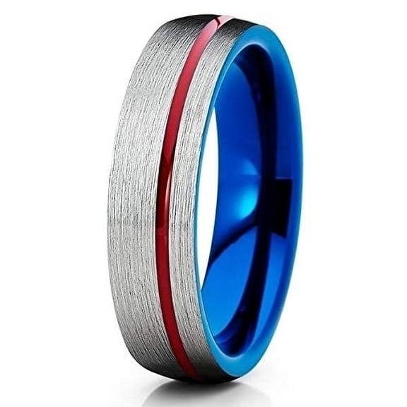 Silly Kings 6mm - Red Tungsten Ring - Grey Wedding Band - Blue Tungsten Band (7.5)