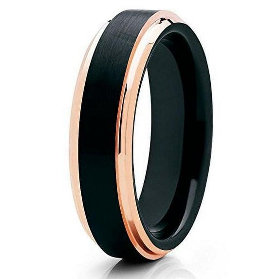 Silly Kings 6mm Tungsten Carbide Wedding Ring Black Brushed Finish Rose Gold Stepped Edge Unisex Band 7.5
