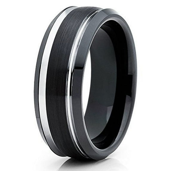 Silly Kings 8mm Black Brushed Tungsten Carbide Ring Unique Silver Edged Wedding Band Comfort Fit Unisex