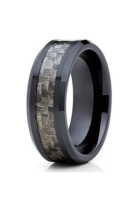 8mm Black Ceramic Wedding Ring Carbon Fiber Inlay Classic Design Unisex Mens Womens Band