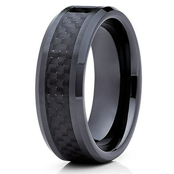 Silly Kings 8mm Black Tungsten Carbide Wedding Band Carbon Fiber Ring Beveled Edge Comfort Fit Mens 8