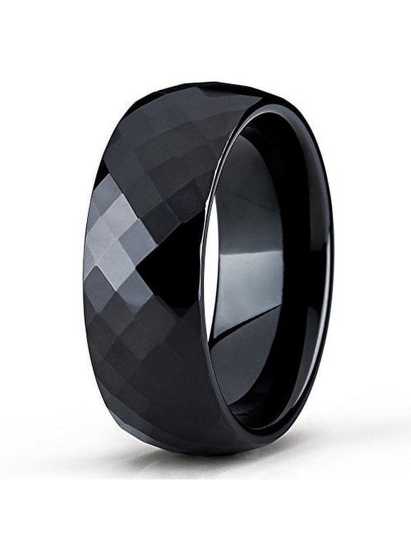 8mm Black Tungsten Carbide Wedding Band Diamond Cut Design Ring Comfort Fit Men & Women