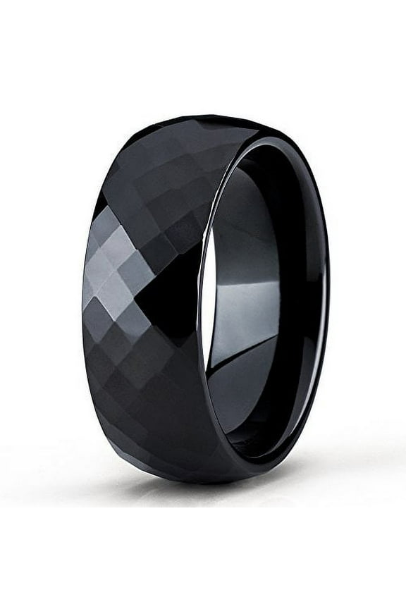 8mm Black Tungsten Carbide Wedding Band Diamond Cut Design Ring Comfort Fit Men & Women