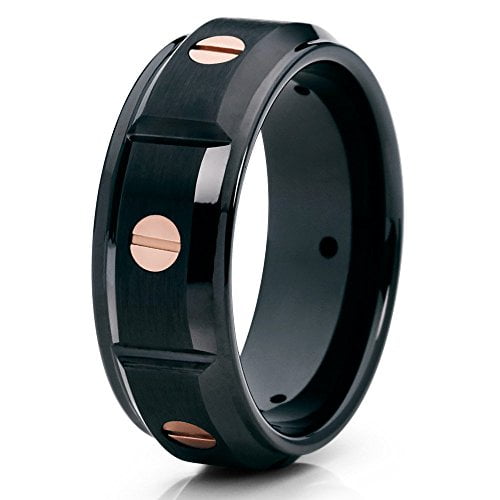 Silly Kings 8mm Black Tungsten Carbide Wedding Band Screw Design Ring Comfort Fit Mens