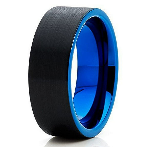 Silly Kings 8mm Blue Tungsten Carbide Wedding Band Flat Shape Black Brushed Men & Women Comfort Fit Ring