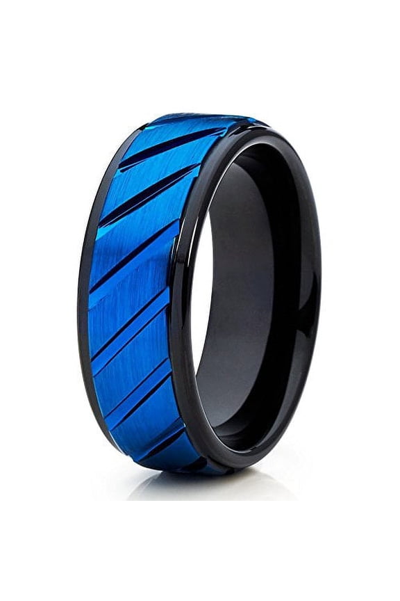 8mm Blue Tungsten Carbide Wedding Ring Brushed Finish Tire Design Mens Band