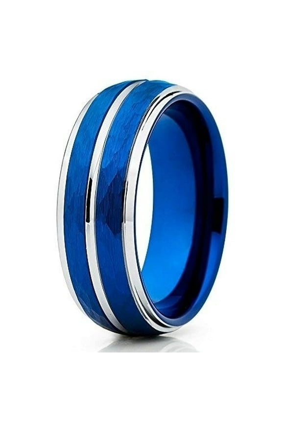 Jewelry Hammered Blue Tungsten Ring Brushed Finish 8mm Blue Tungsten Band Comfort Fit (10)