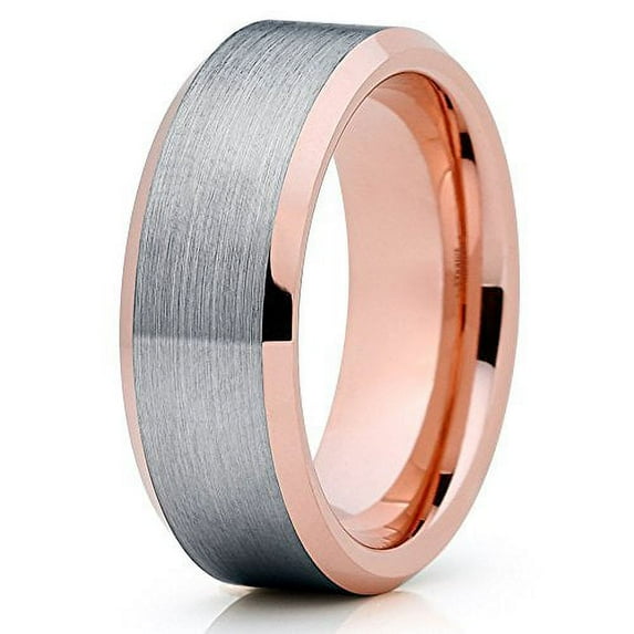 Silly Kings 8mm Brushed Gray Tungsten Carbide Wedding Ring Rose Gold Bevel Edge Inlay Unisex Band 7