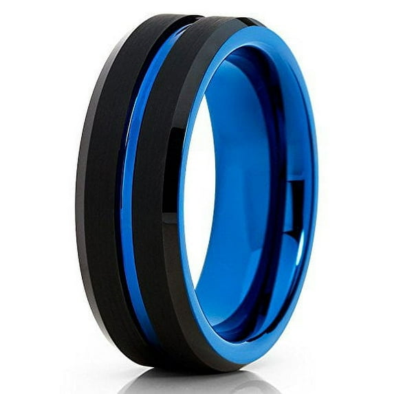 Silly Kings 8mm Black Tungsten Carbide Wedding Ring Blue Groove Beveled Edge Design Mens Band