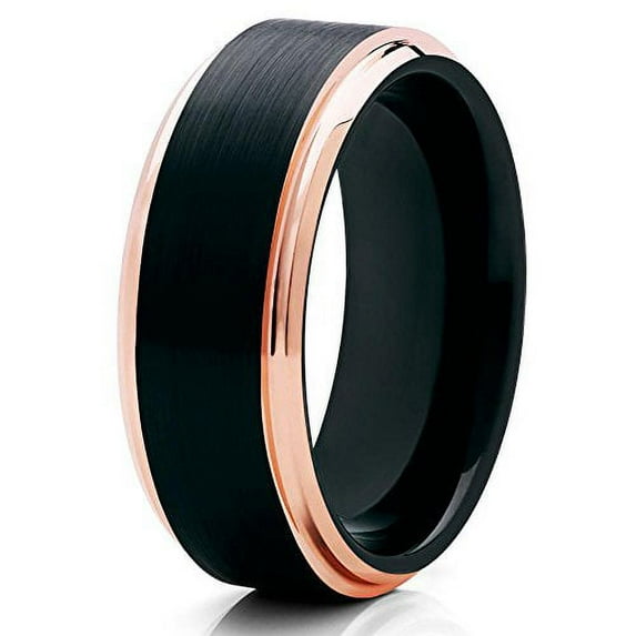 Silly Kings 8mm Rose Gold Tungsten Carbide Wedding Band Black Brushed Stepped Edge Comfort Fit Ring 18