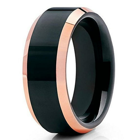 Silly Kings 8mm Rose Gold Tungsten Carbide Wedding Band Polished Black Finish Beveled Edges Unisex Ring 9.5