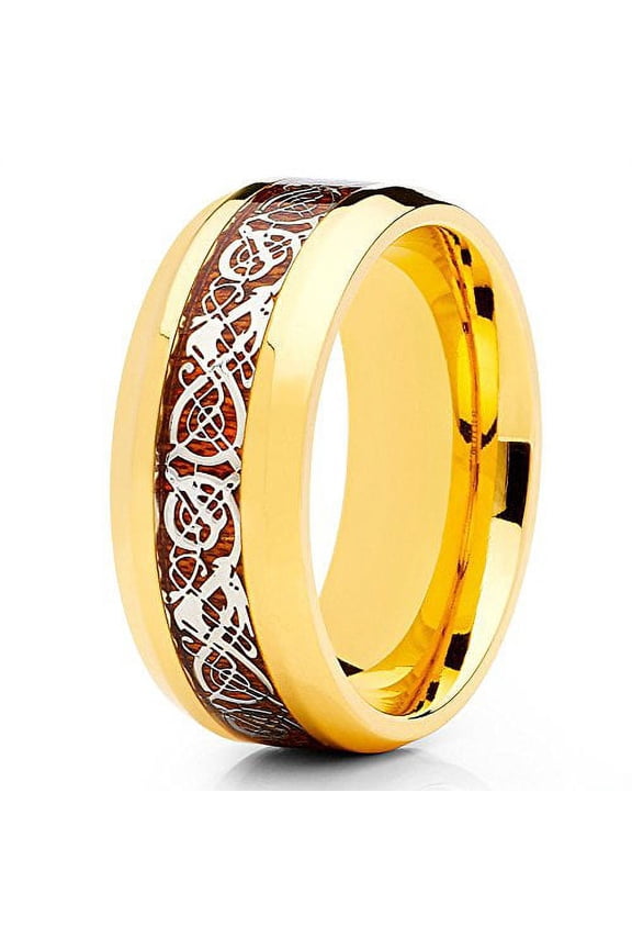 8mm Yellow Gold Titanium Wedding Ring Dragon Design Unisex Comfort Fit Band