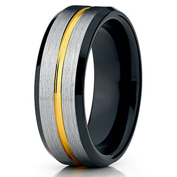 Silly Kings 8mm Yellow Gold Tungsten Carbide Wedding Band Black Brushed Classic Ring Unisex Comfort Fit