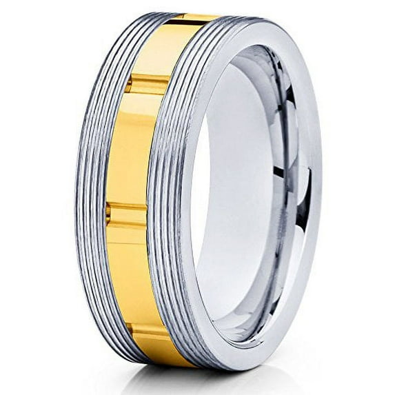 Silly Kings 8mm Yellow Gold Tungsten Carbide Wedding Band Grooved Ring Comfort Fit Mens