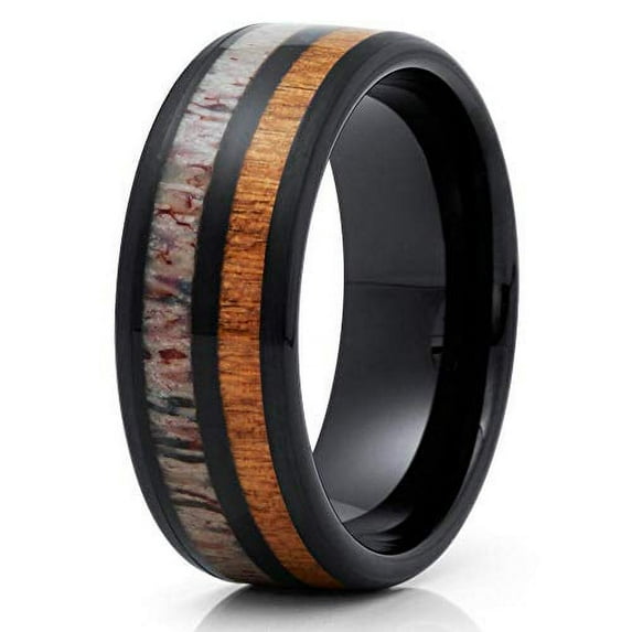Silly Kings Deer Antler Wedding Band - Black Tungsten Ring - Cherry Wood Ring - 8mm (8.5)