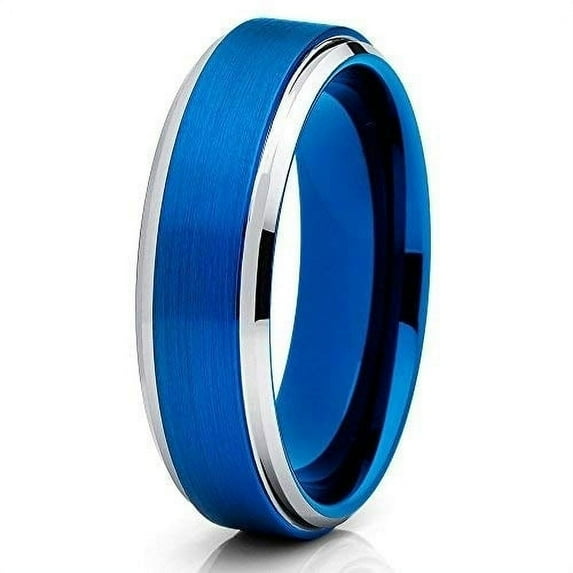 Silly Kings Jewelry 6mm Blue Tungsten Carbide Ring Brushed Finish Unique Edges Carbide Anniversary Edition Comfort Band