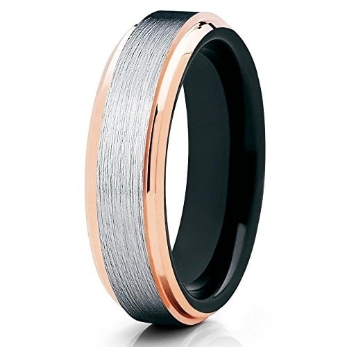 Silly Kings Jewelry 6mm Brushed Tungsten Carbide Wedding Band Rose Gold Stepped Edges Black Inlay Ring 10 (10)