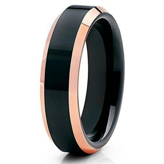 Silly Kings Jewelry 6mm Polished Black Tungsten Carbide Ring Beveled Rose Gold Edge Unisex Band 10 (10)