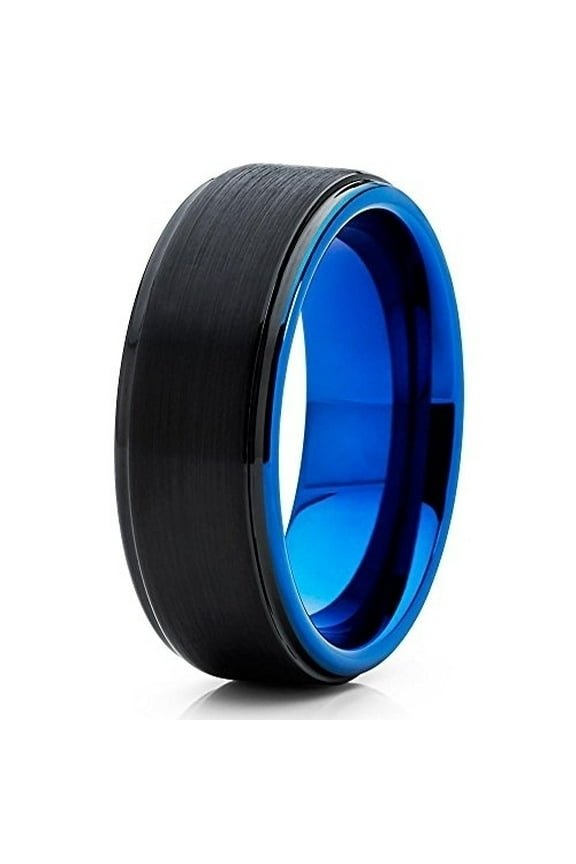 Jewelry 8mm Black Brushed Tungsten Carbide Wedding Band Blue Inlay Stepped Edge Mens Ring 10 (10)