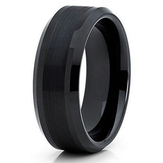 Silly Kings Jewelry 8mm Black Tungsten Carbide Ring Brushed Center Beveled Edge Band (6) (6)