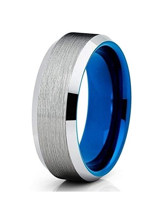Jewelry 8mm Blue Tungsten Wedding Band - Beveled Edges - Tungsten Wedding Ring (15)