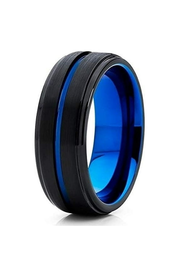 Jewelry 8mm Blue Tungsten Wedding Band - Black - Blue Tungsten Ring - Men's Ring (7)