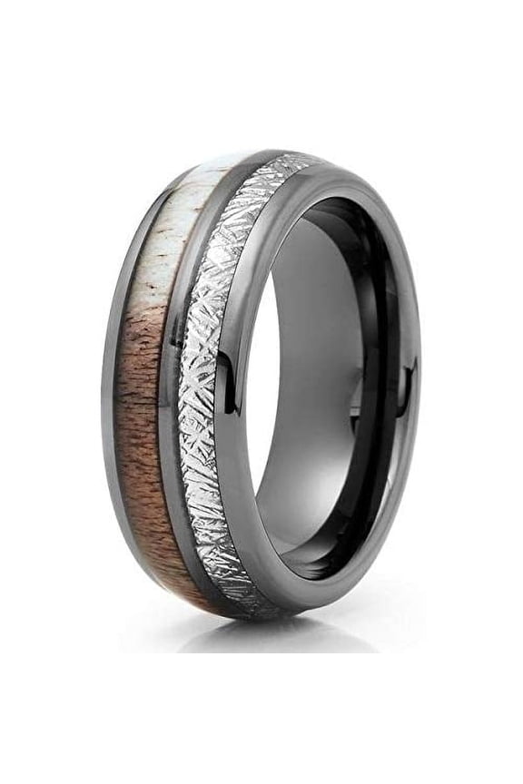 Jewelry 8mm Gunmetal Tungsten Ring - Deer Antler Wedding Band - Meteorite Ring (10)