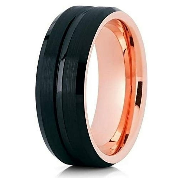 Silly Kings Jewelry Black Tungsten Wedding Band- 8mm - Rose Gold Tungsten Ring (12.5)