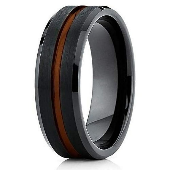 Silly Kings Jewelry Black Tungsten Wedding Band - Brown Ring - Tungsten Wedding Ring Grooved