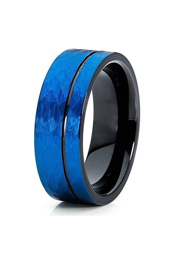 Jewelry Hammered Blue Tungsten Ring 8mm Brushed Tungsten Ring Offset Groove Ring Men and Women Comfort Fit