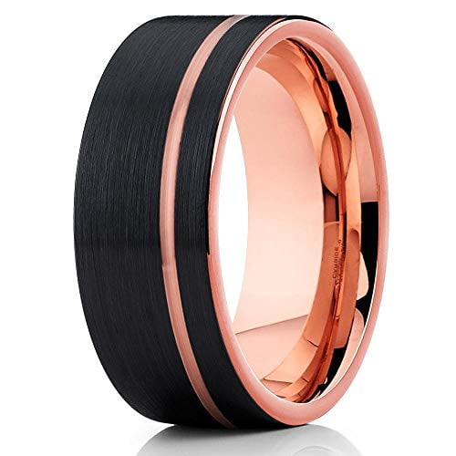 Silly Kings Jewelry Rose Gold 12mm Tungsten Wedding Band - Men's Ring - Black Tungsten Ring (Tungsten Carbide, 12)