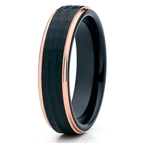 Silly Kings Jewelry Tungsten Wedding Band Black Tungsten Ring Rose Gold Edges Hammered Tungsten 6mm Comfort Fit (10)