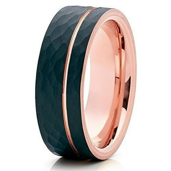 Silly Kings Jewelry Tungsten Wedding Band Hammered Tungsten Ring Rose Gold Tungsten Men and Women Offset Groove 8mm