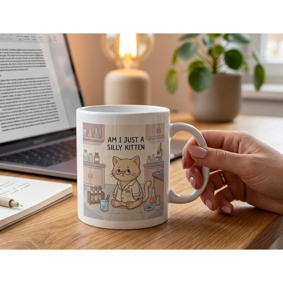 Silly Kitten Scientist Mug, Lab Cat Coffee Cup, Science Student Teacher Gift, Nerd Animal Ceramic Mug 11oz