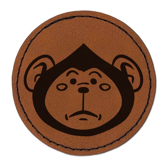Silly Monkey Round Head Ape Chimpanzee Round Iron-On Engraved Faux Leather Patch Applique - 2.5 Inch - Brown