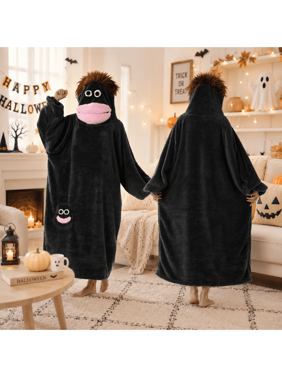 Silly Onesie Big Mouth Monster Pajamas, Soft Pullover Hooded Robe Funny Cartoon Plush Loungewear, Plush Hooded Lounge Dress for Halloween Nights Party, Oversized Fleece Homewear for Family Matching